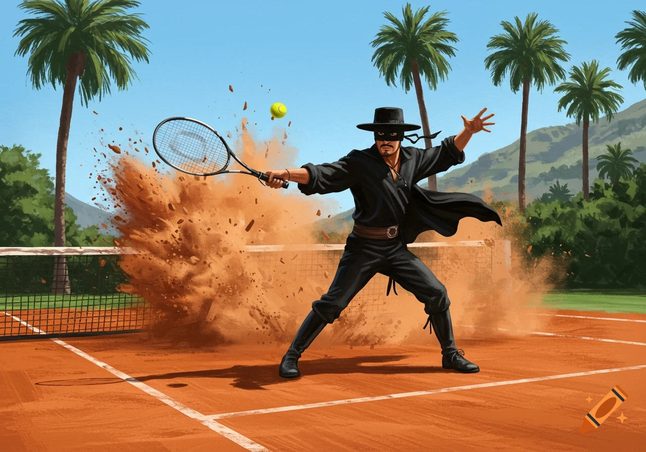 Illustration of Zorro in black hitting a backhand shot on a clay tennis court, kicking up dirt.