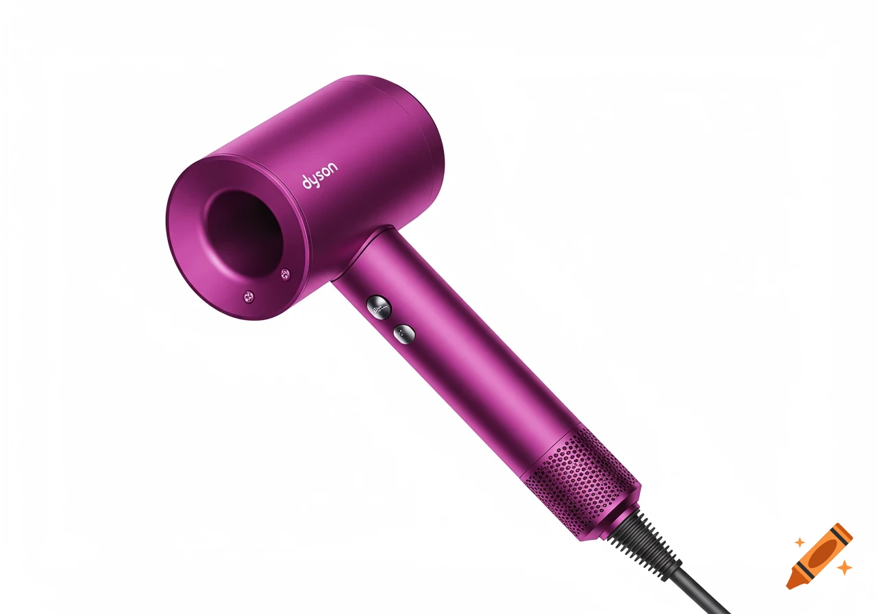 Pink Dyson hair dryer on a white background