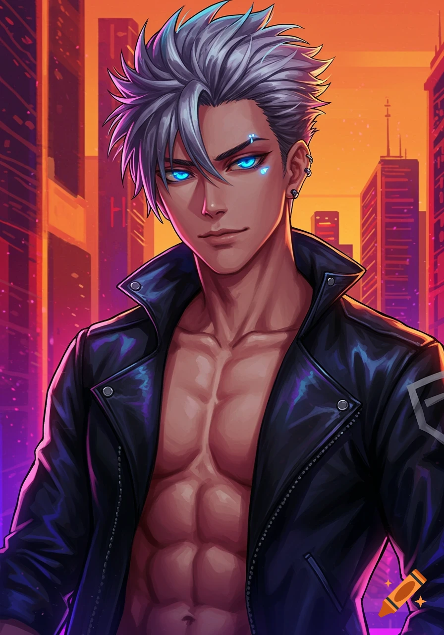 Anime man with silver hair, glowing blue eyes, and abs, wearing an open black leather jacket against a cyberpunk city background.