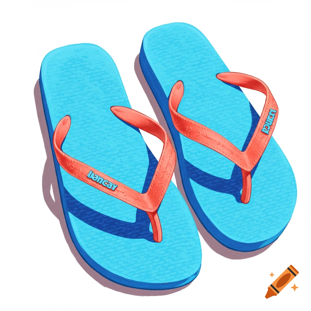 A pair of blue flip flops with red straps on a white background.
