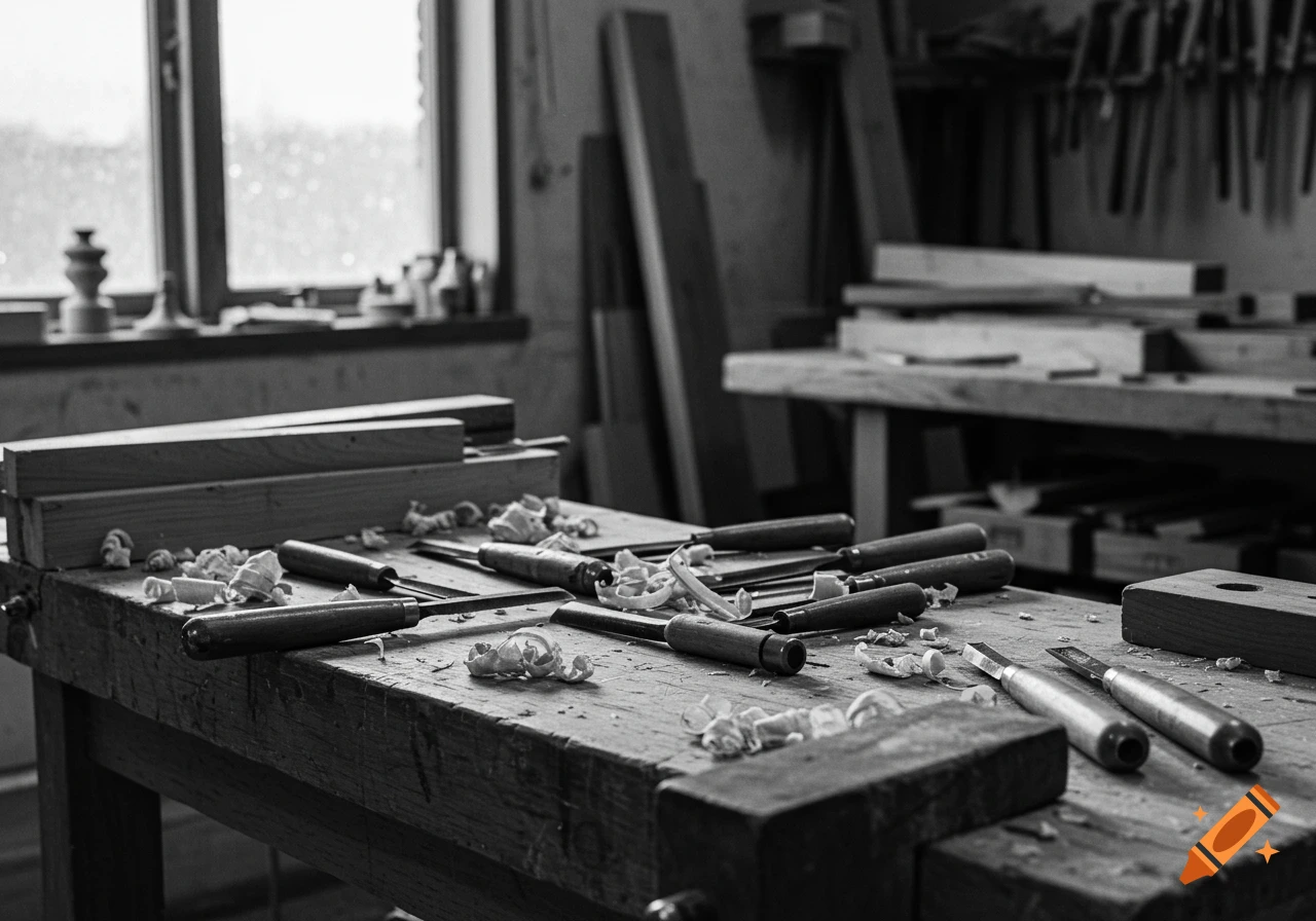 Black and white photo of a woodworking bench with tools and shavings