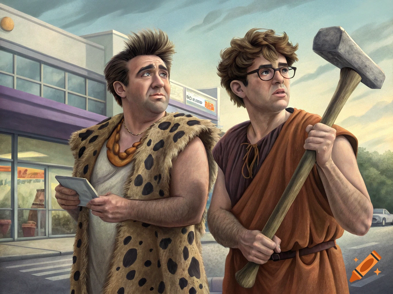 Two men in prehistoric outfits, one with a leopard vest and notepad, the other with a staff, stand on a modern street.