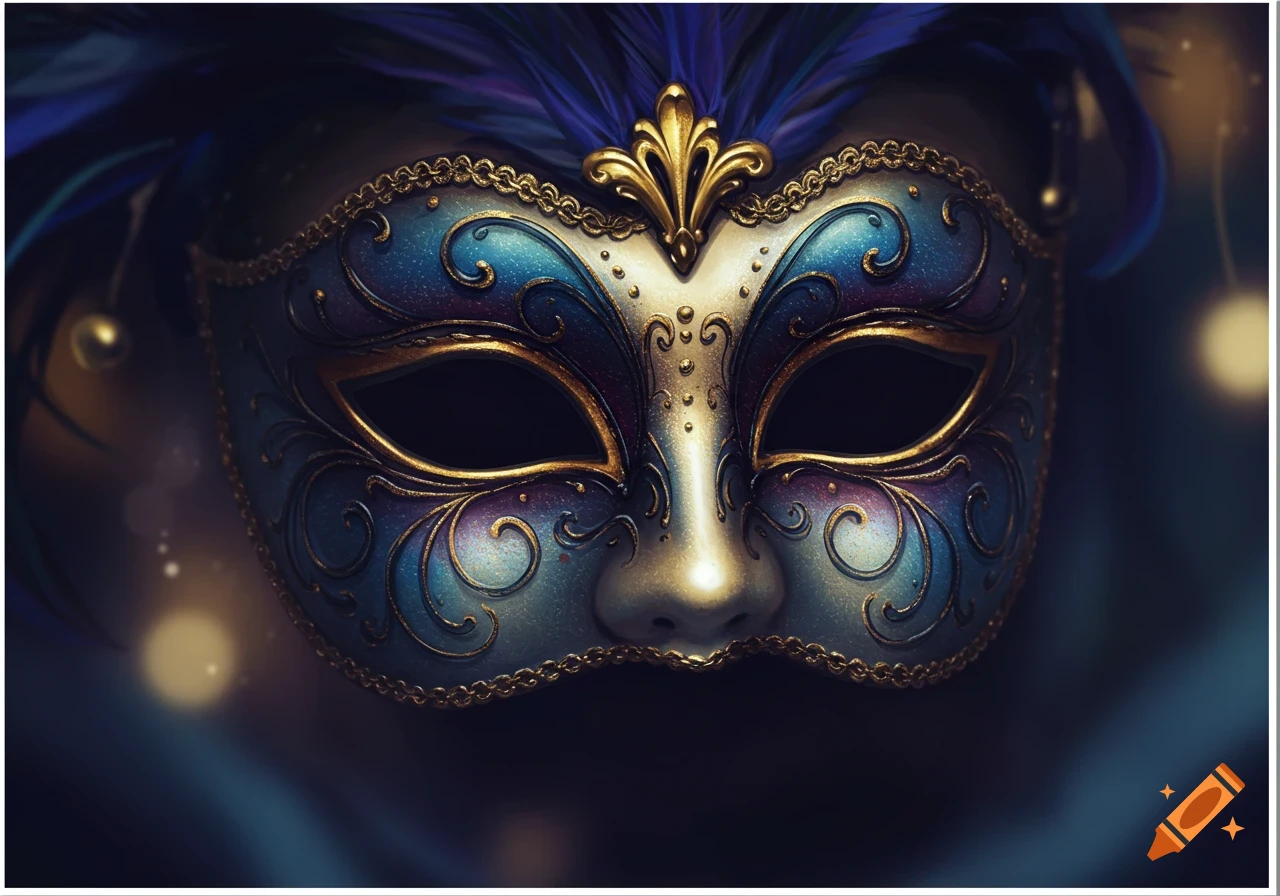 Close-up of an ornate blue and gold masquerade mask with purple feathers against a dark background.