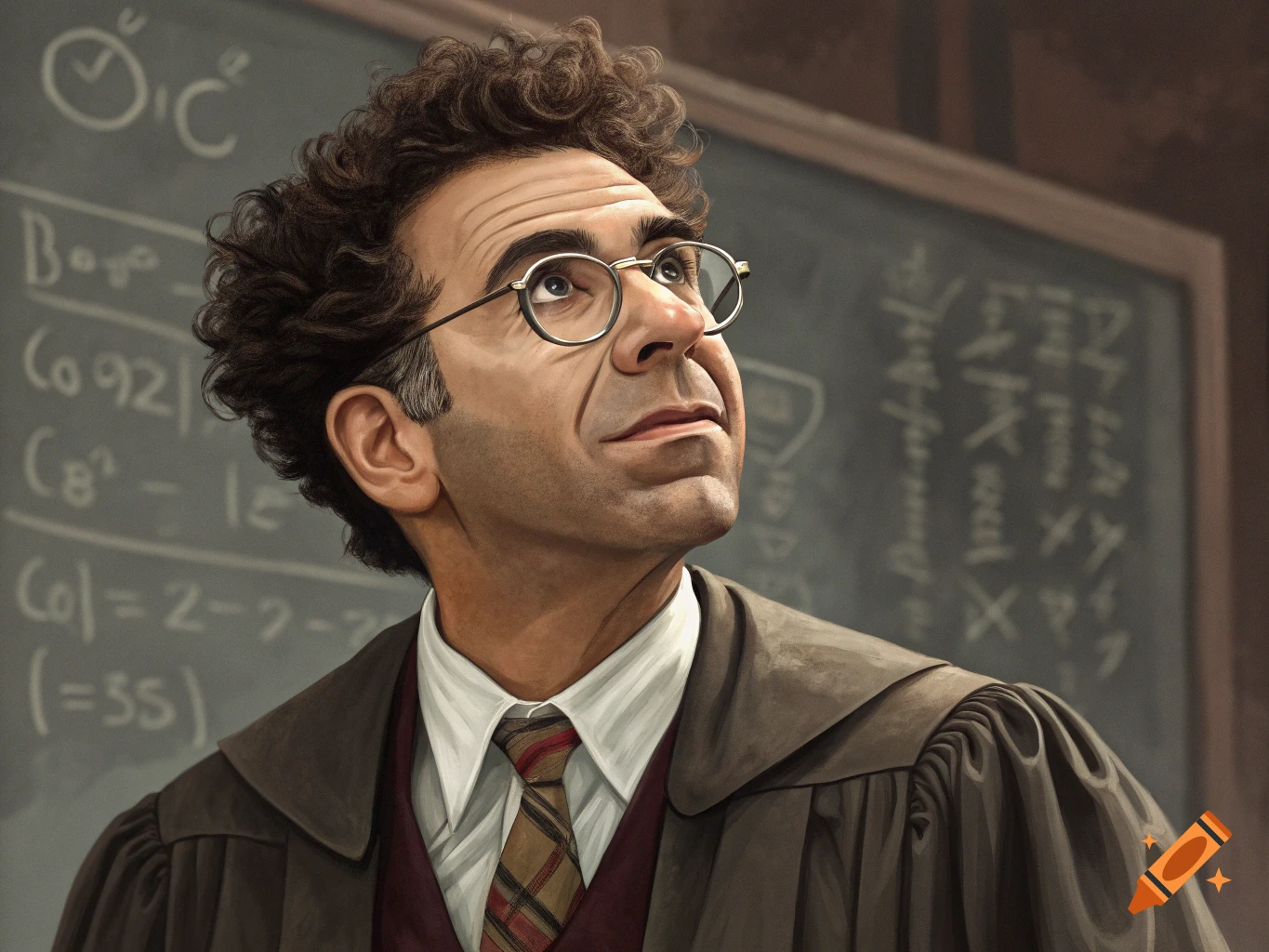 Painting of a man in academic robes and glasses standing in front of a chalkboard with equations.