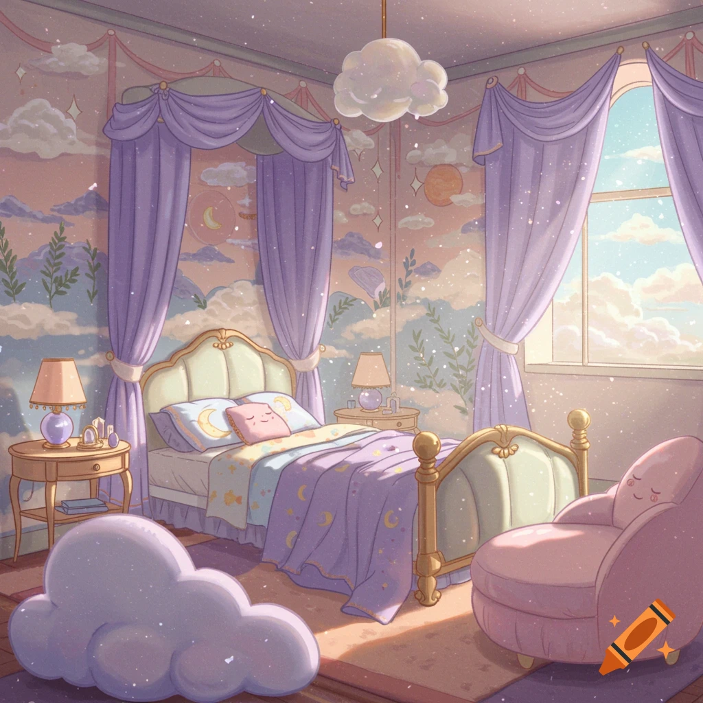 Dreamy anime-style bedroom with a canopy bed, celestial wallpaper, cloud decor, and pastel colors.