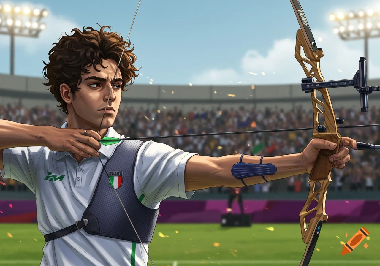 An illustration of an Italian Olympic archer drawing back his bow during a competition.