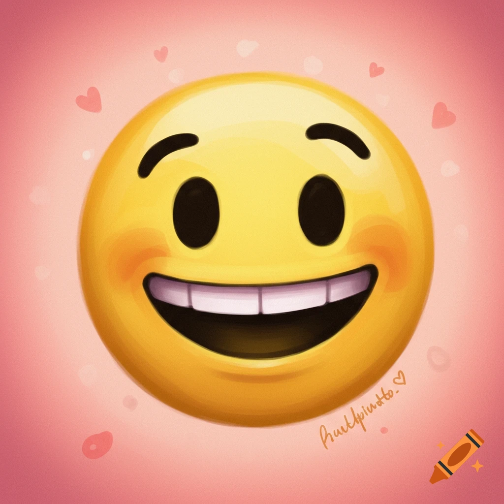 A bright yellow smiling emoji with rosy cheeks and hearts floating around it.