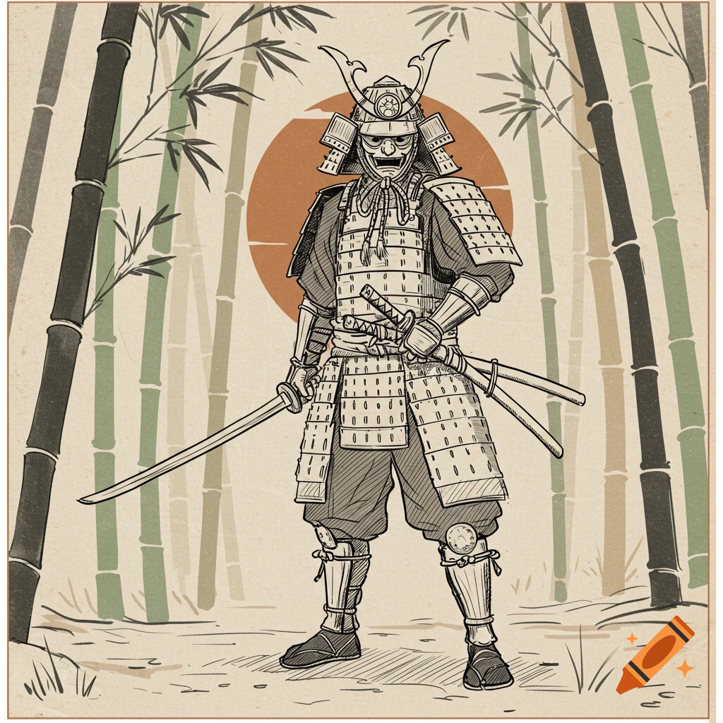 Line art illustration of a Japanese samurai standing with a sword in a bamboo forest with a sun.