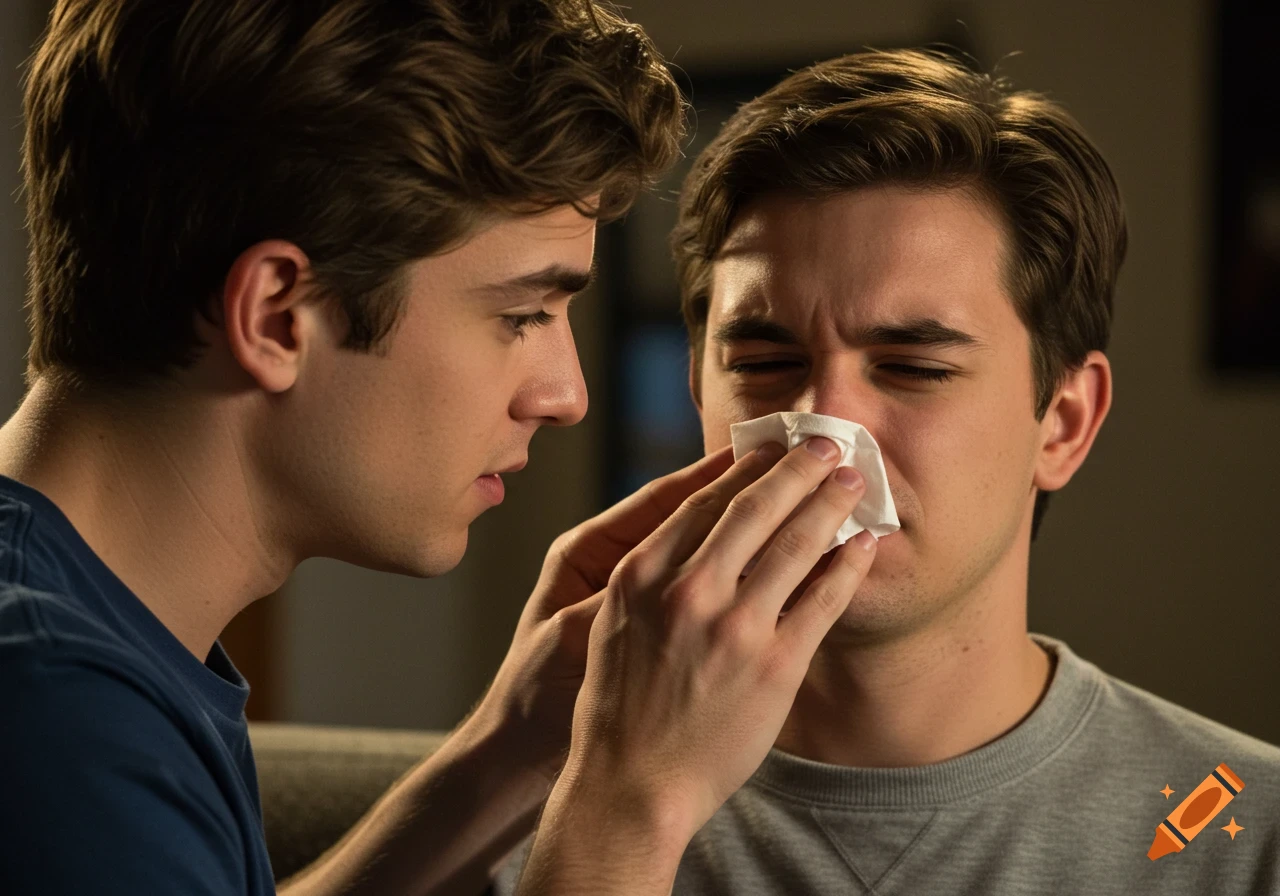 Young man helps his friend blow his nose with a tissue.