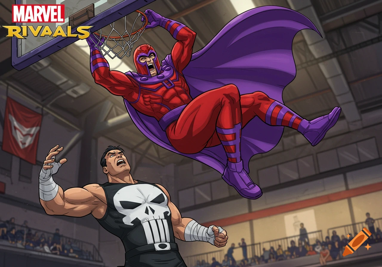 Comic art of Magneto dunking on Punisher in a basketball game.