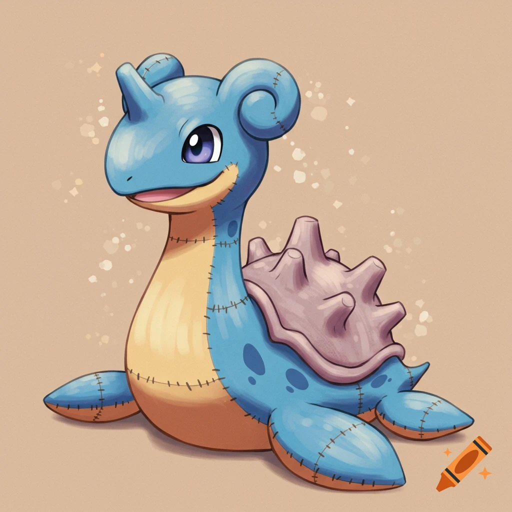 An illustration of a patchwork Lapras plush toy.