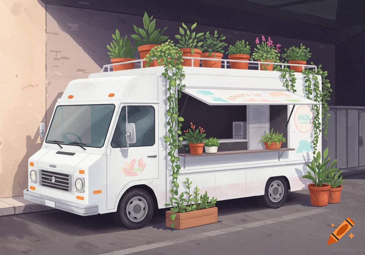 A white food truck is decorated with many potted plants on its roof and hanging vines. It is parked on the street in an illustrative style.