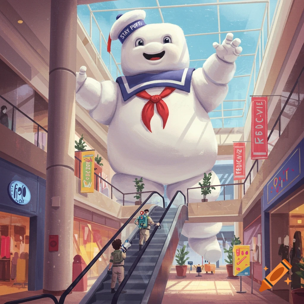 Large Stay Puft Marshmallow Man overlooks two people on an escalator in a mall. Digital art.