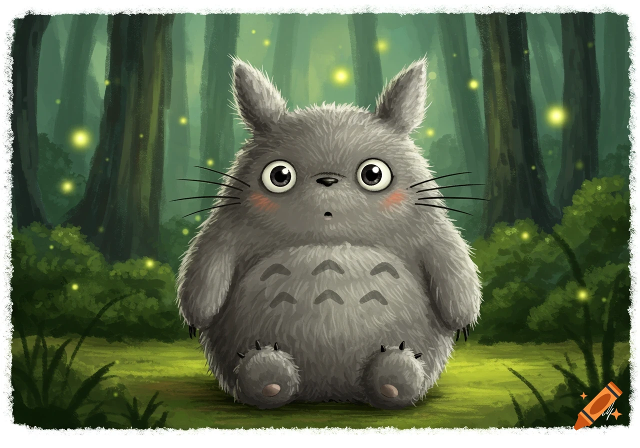 A cute, furry grey creature with big eyes sits in a forest with fireflies, illustration style.