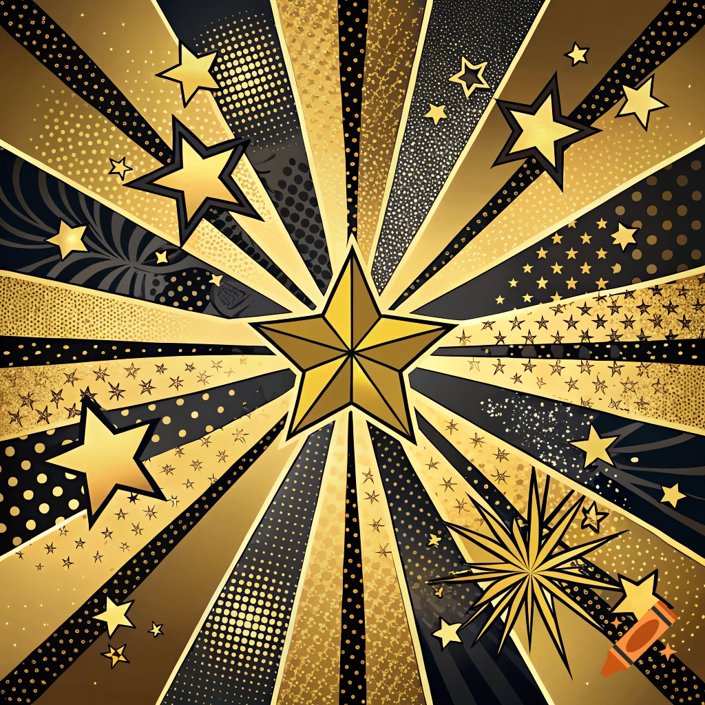 Pop art graphic with gold and black radiating beams and stars.