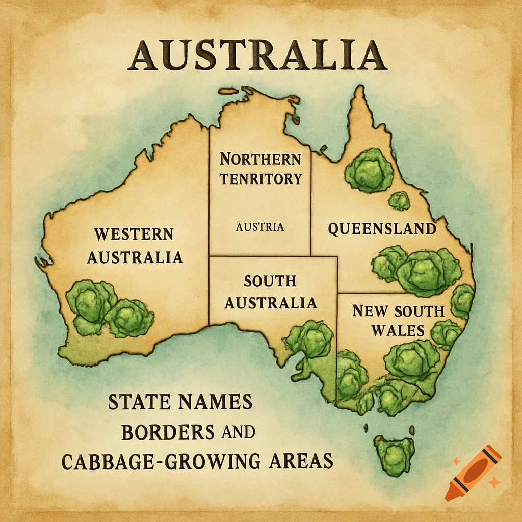Watercolor map illustration of Australia with states labeled and cabbages marking areas.