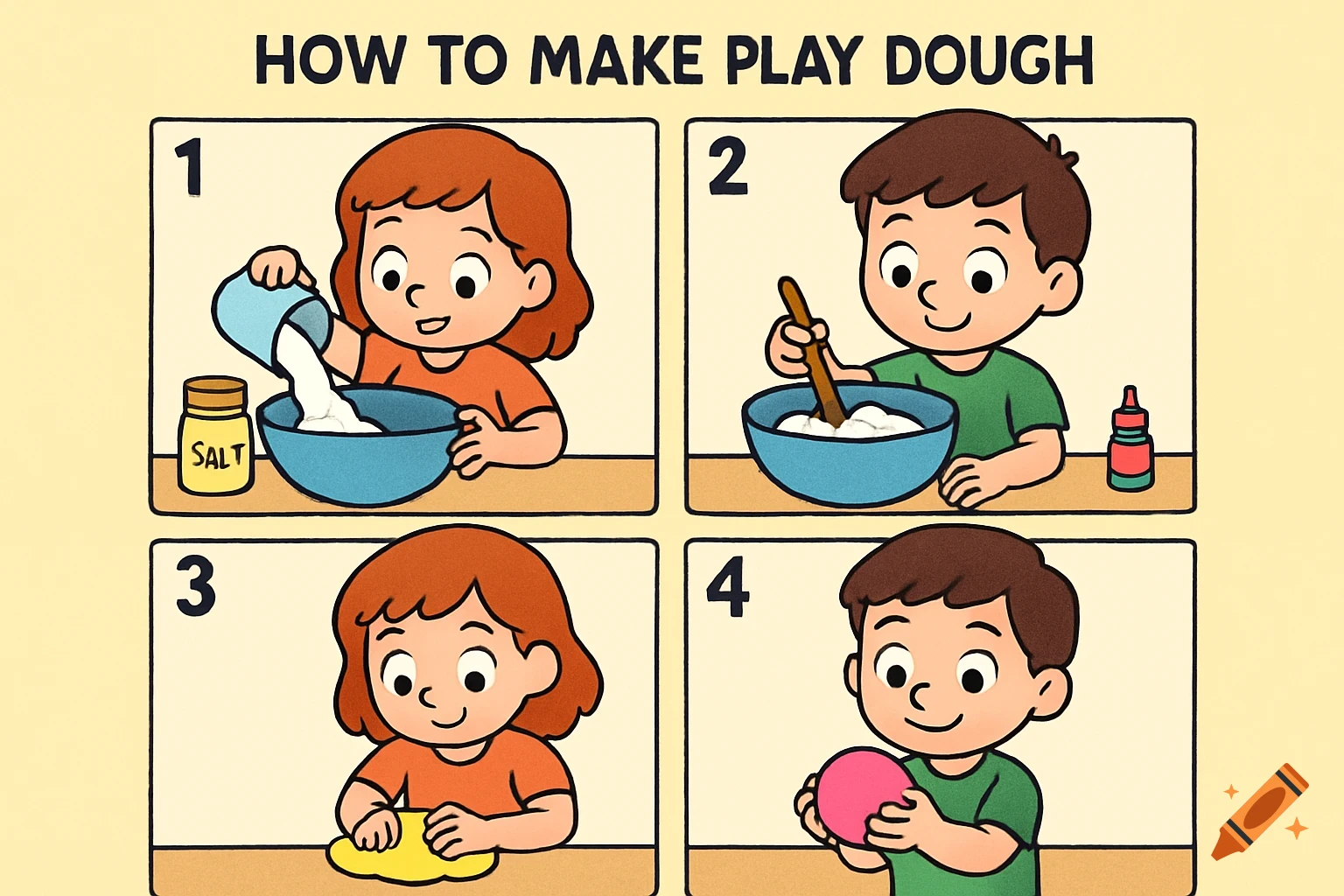 Cartoon step-by-step guide for kids making play dough.