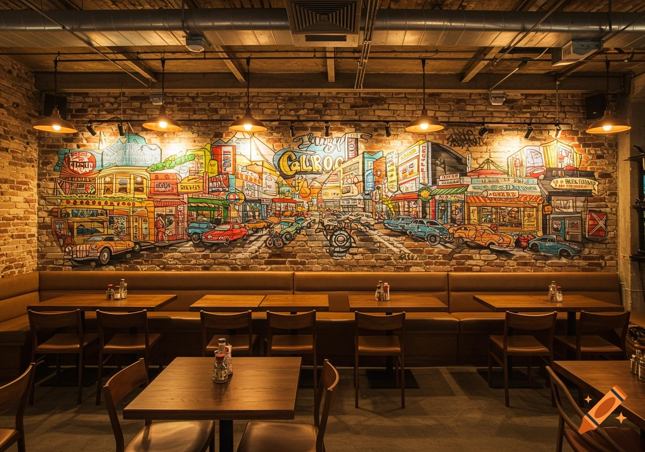 Interior view of a restaurant with wooden tables and a large, colorful mural depicting a busy cartoon street scene on a brick wall.