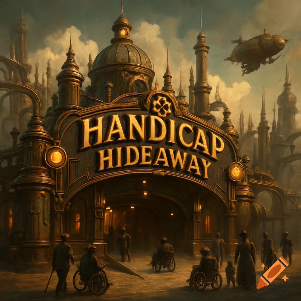 A steampunk-style theme park entrance with a large sign reading "Handicap Hideaway". People in period clothing, some using wheelchairs, approach the entrance. An airship flies in the sky.