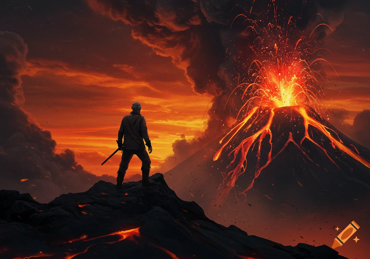 Person stands on rocks watching a volcano erupting with lava flows and a fiery red sky.