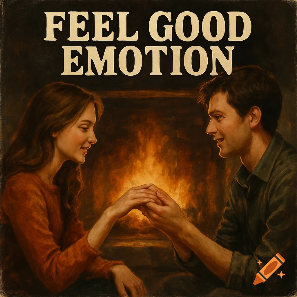Couple holding hands by a fireplace with text 'FEEL GOOD EMOTION' above.