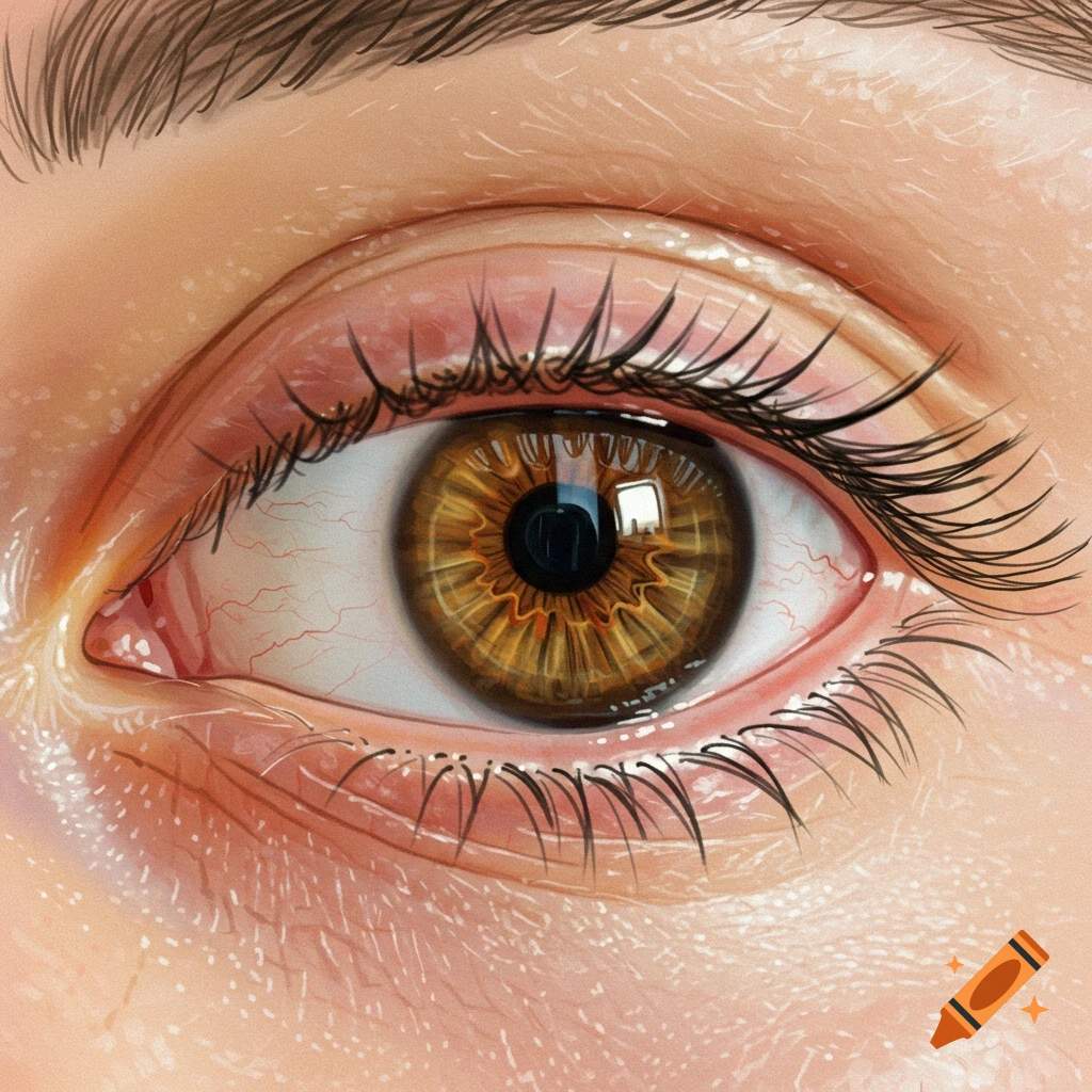 A highly detailed close-up rendering of a brown eye with long dark eyelashes and visible skin texture.