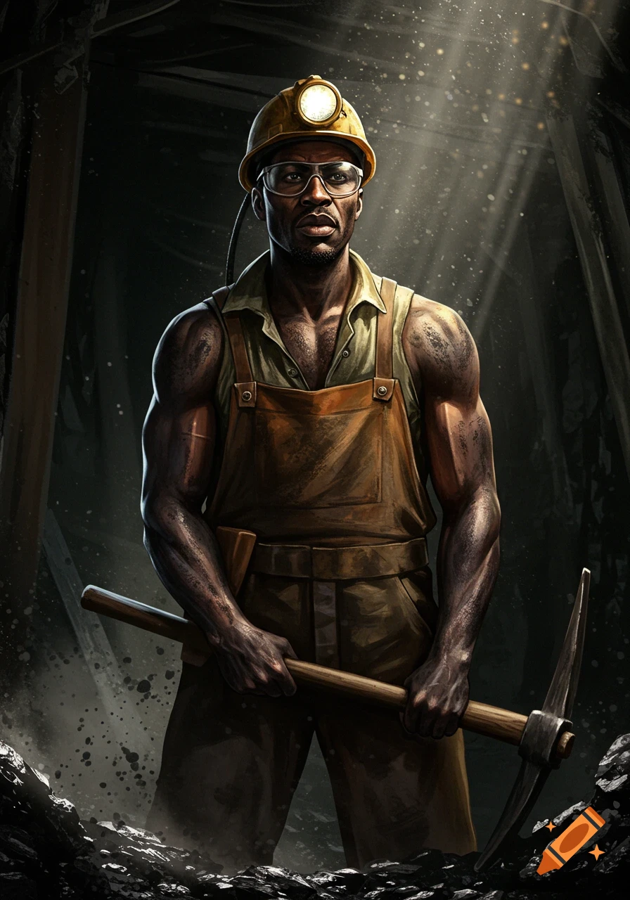A black miner in a hard hat and overalls holds a pickaxe in a dark mine, rendered in a painterly style.