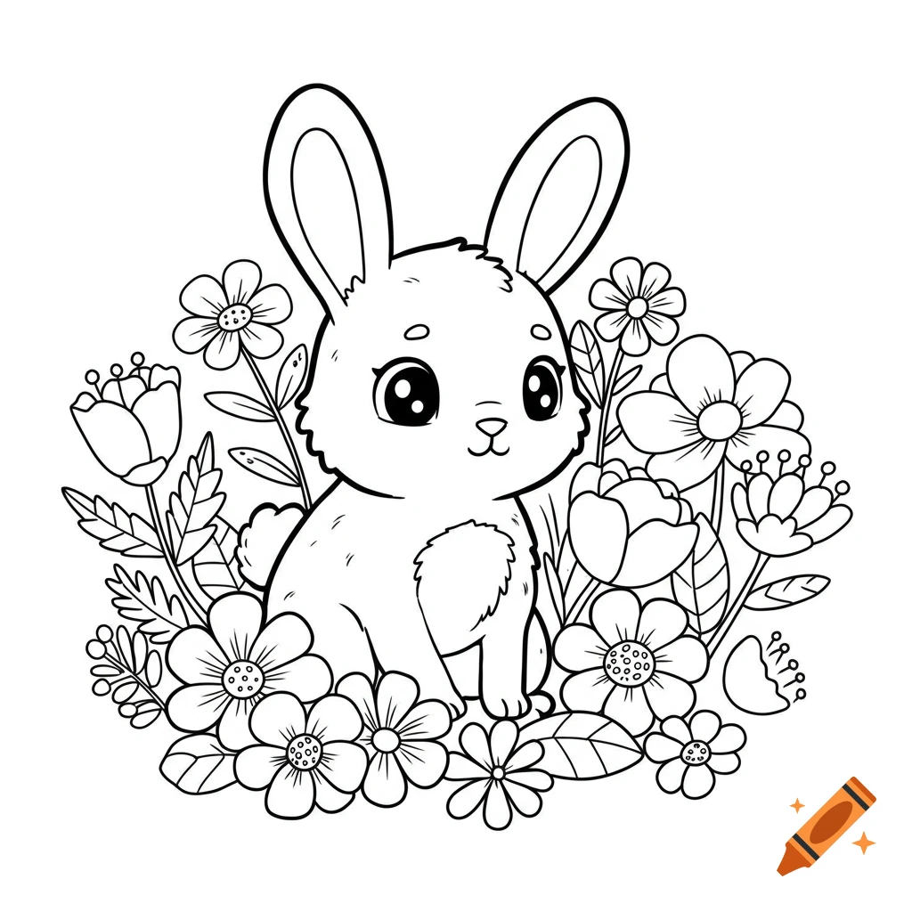 Black and white coloring page of a cute cartoon rabbit in flowers.