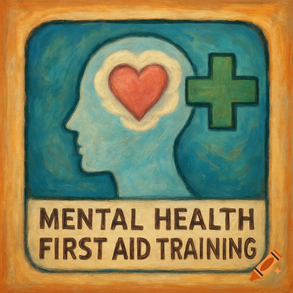 Stylized icon showing a head profile with a heart inside and a green cross, with text 'MENTAL HEALTH FIRST AID TRAINING' below.