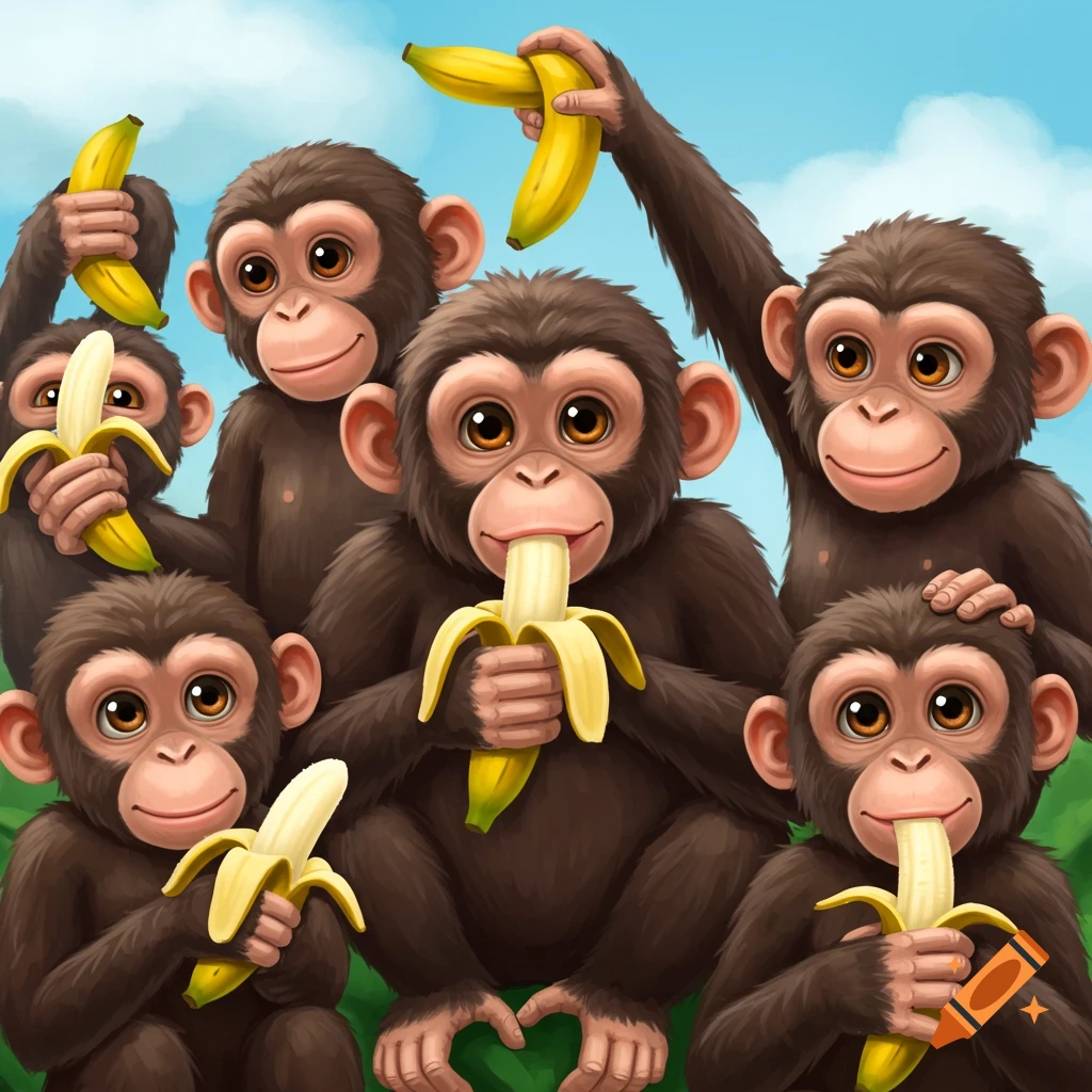 Cartoon chimpanzees eating bananas