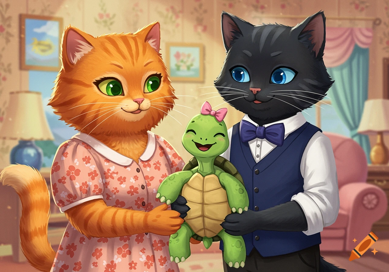 Cartoon cat parents hold their baby turtle with a pink bow in a living room.