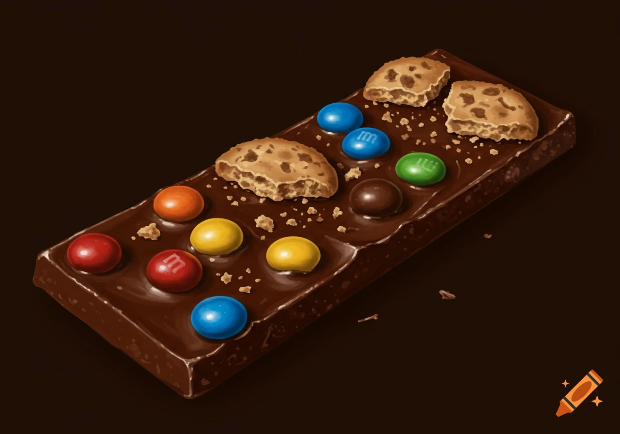 Illustration of a chocolate bar topped with colorful candies and cookie pieces on a dark background