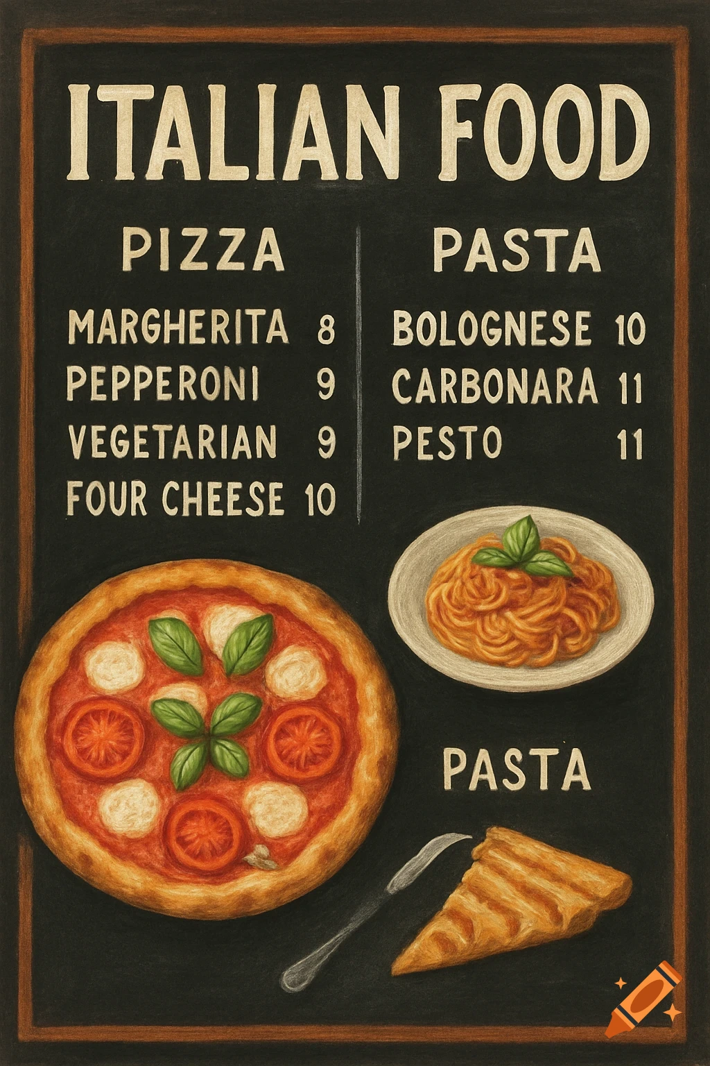 Chalkboard style menu for Italian food featuring pizza and pasta, with illustrations of both.