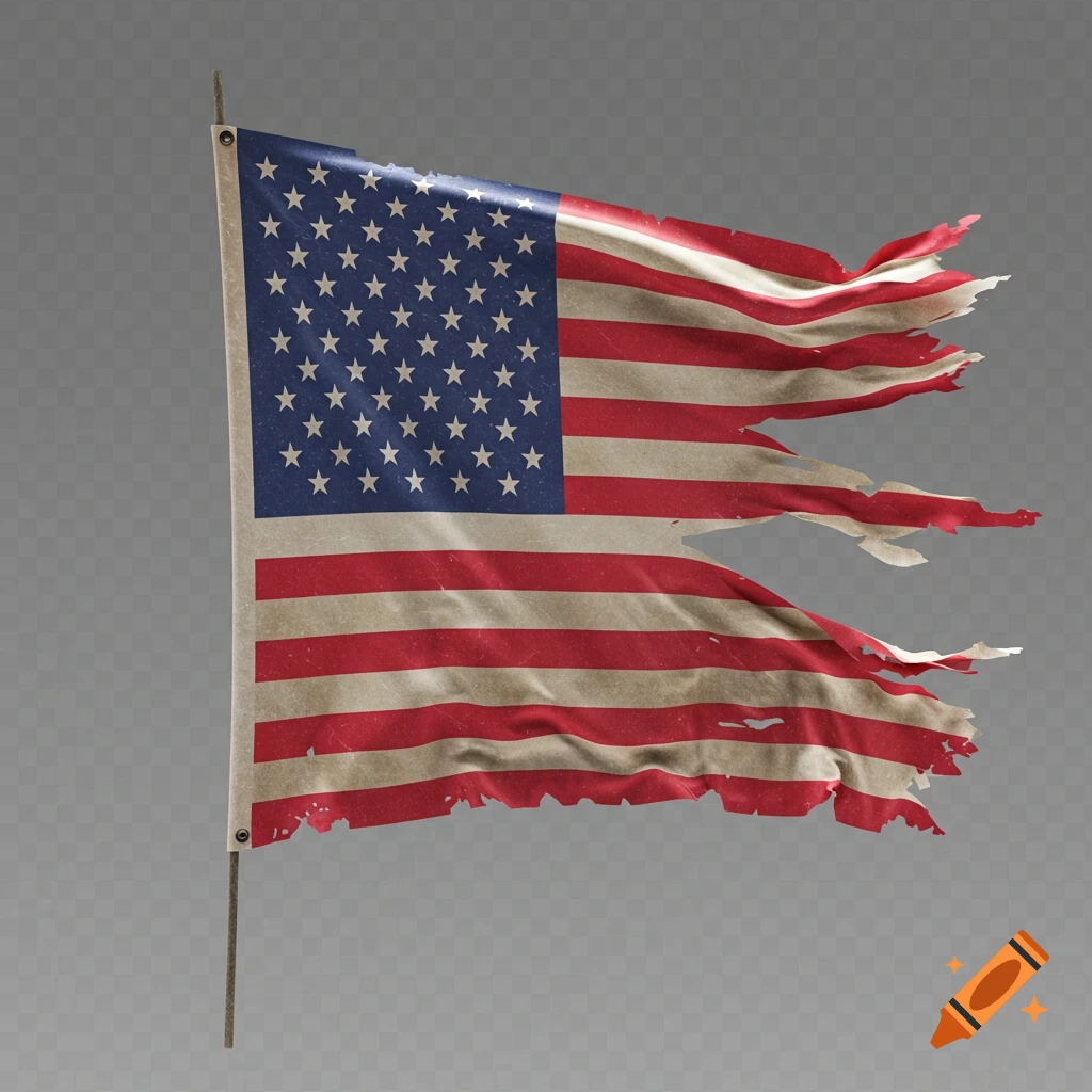 A tattered American flag on a transparent background.