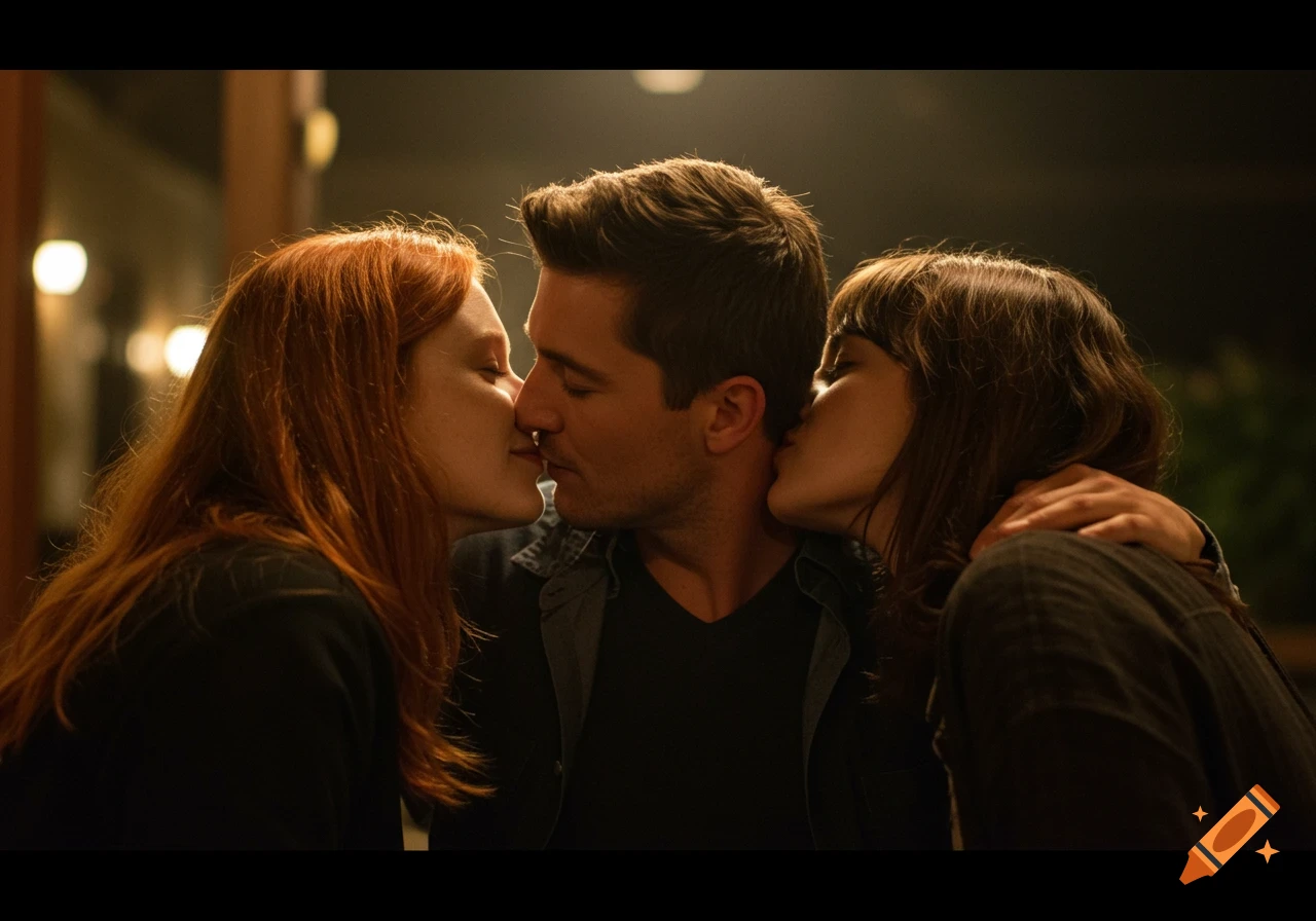 Three people kissing close up, photorealistic.