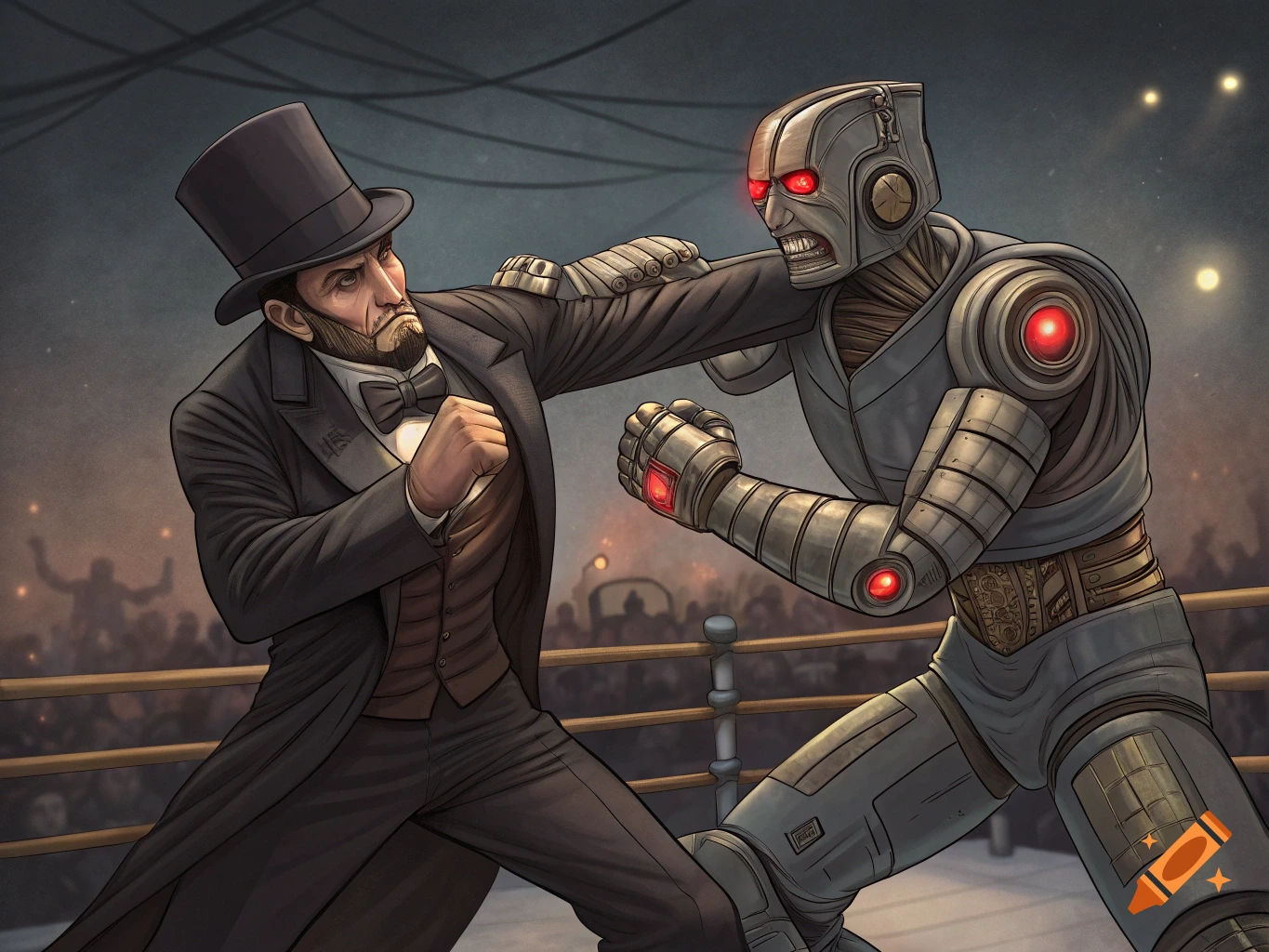 Abraham Lincoln in a top hat and suit boxing a robot in a wrestling ring.