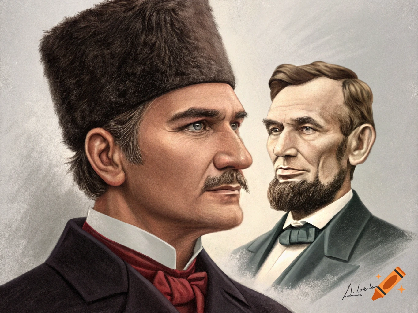 Digital painting of a composite portrait featuring Mustafa Kemal Atatürk and Abraham Lincoln.