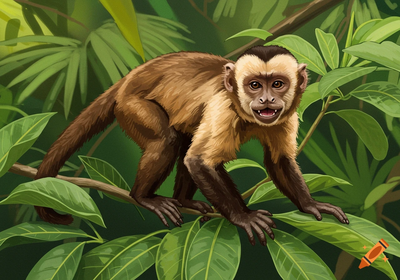 Illustration of a capuchin monkey perched on a branch in a dense jungle.