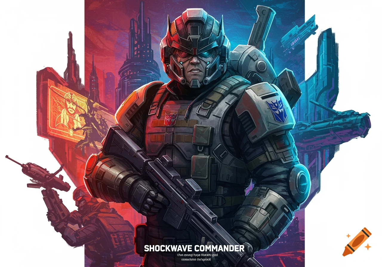 Sci-fi soldier character with Transformer insignia stands before a futuristic city skyline.