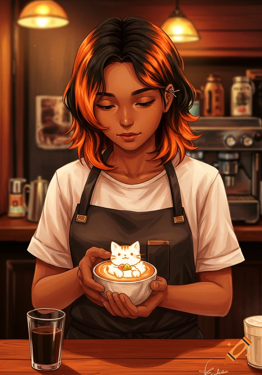 Anime illustration of a barista holding a coffee cup with kitten latte art in a coffee shop.