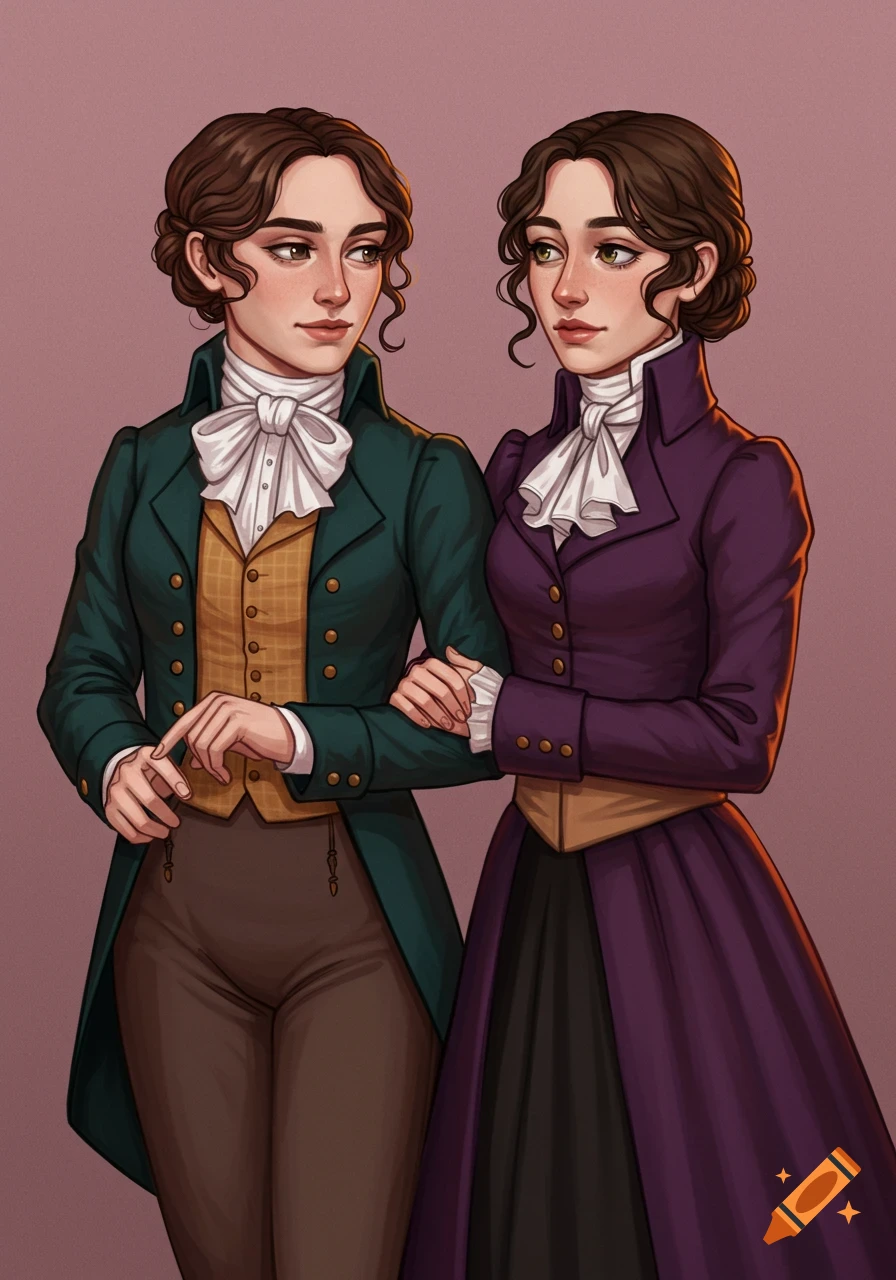Two women in 19th-century clothing, arm in arm, illustration.
