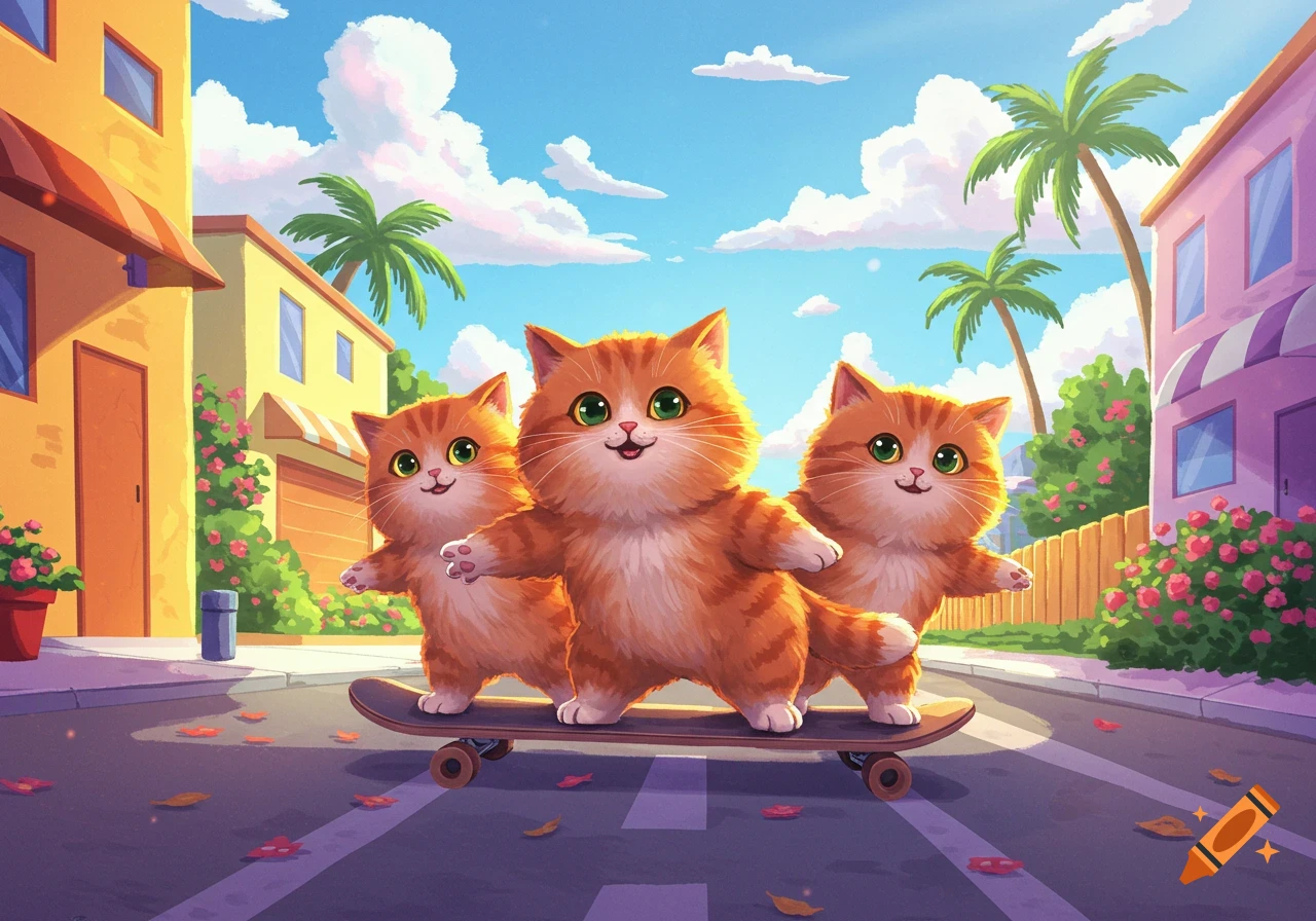 Three orange cats ride a skateboard down a sunny street in a cartoon style.