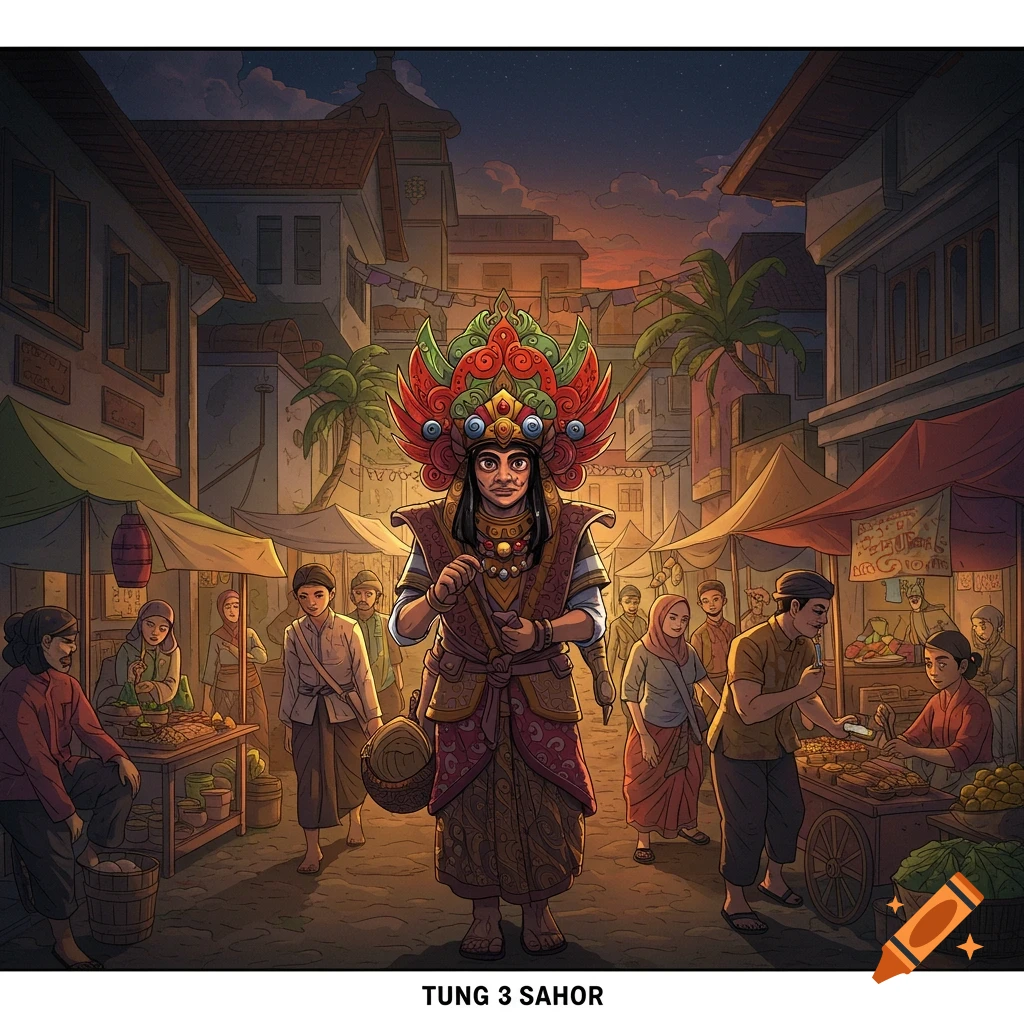 Person in colorful traditional costume and headdress in a vibrant market scene at dusk, illustration.