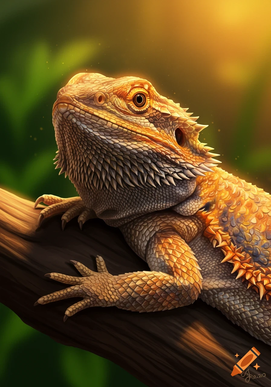 Close-up of a bearded dragon perched on a branch in soft sunlight.