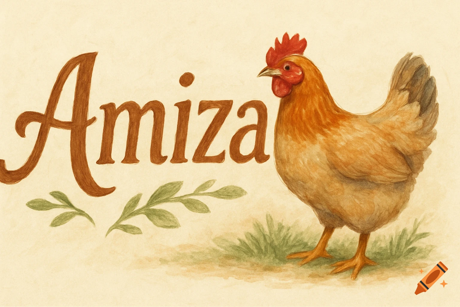 Illustration of a chicken next to the name Amiza in script font