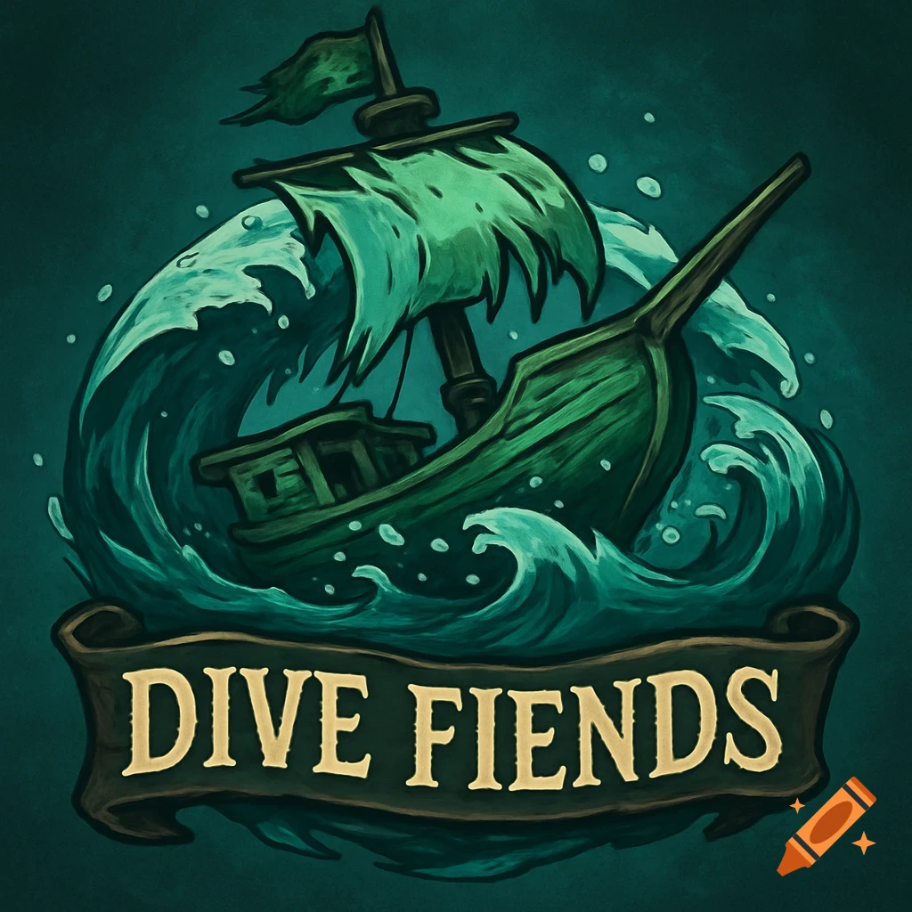 Illustration of a cartoon ship on stormy green waves with 'Dive Fiends' on a banner.