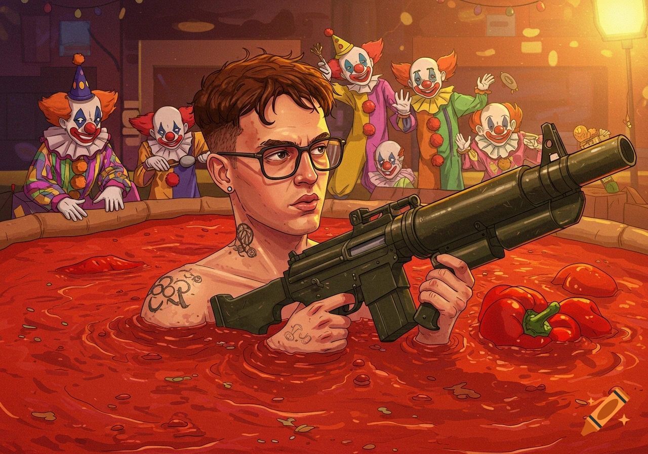 Illustration of a man with glasses and tattoos in a pool of red liquid holding a weapon, with clowns in the background.