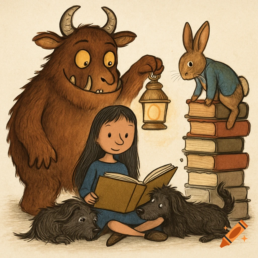 Children's book illustration of a monster holding a lantern over a girl reading with a rabbit on books and two dogs nearby.