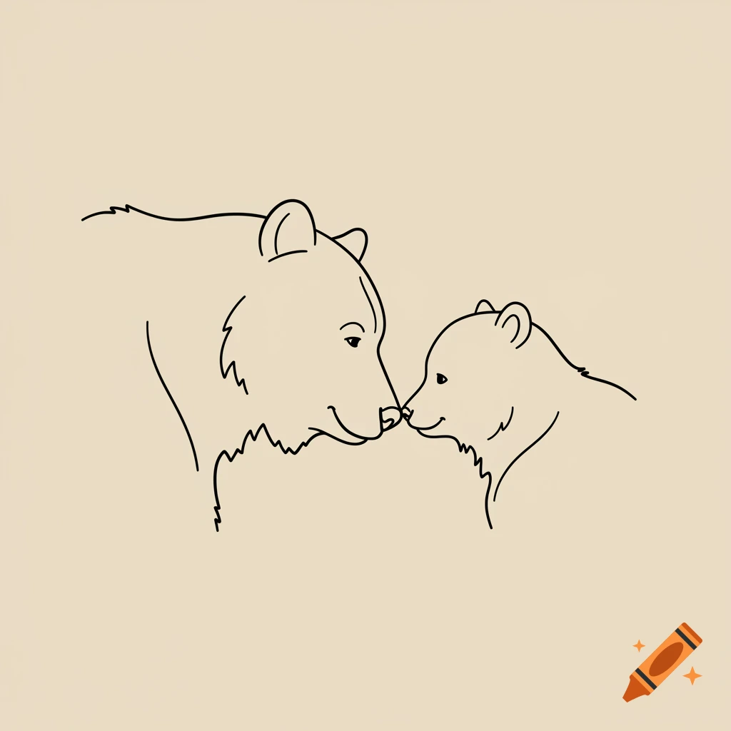 Simple line drawing of a mama bear and baby bear touching noses.