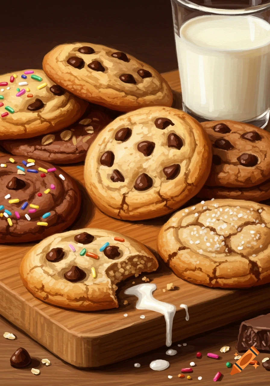 Close-up of various cookies, including chocolate chip and sprinkle, piled next to a glass of milk on a wooden surface.
